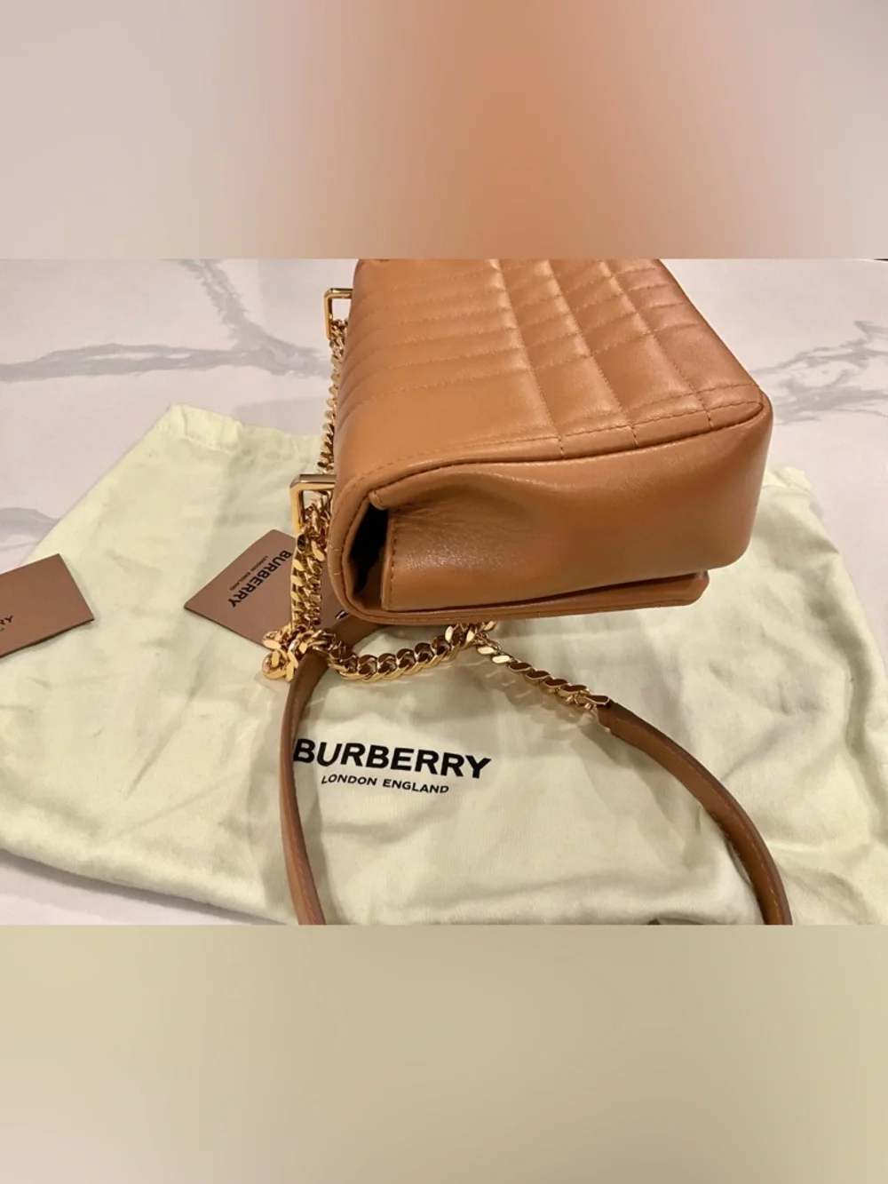 Burberry Small Lola Quilted Leather Bag Maple Brown Gold Chain NWT - Picture 8 of 15